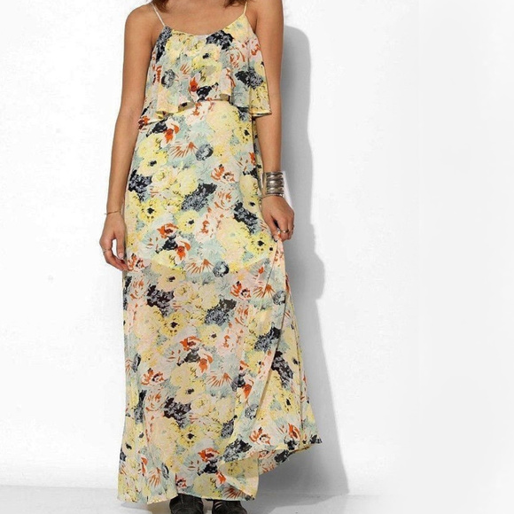 UO Love Sadie Floral Watercolor CHIFFON MaXi DRESS - Picture 4 of 7